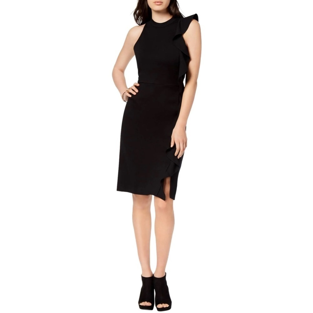 Bar lll Black Ponte Knit Sheath with Ruffles and Slit Dress Size XS